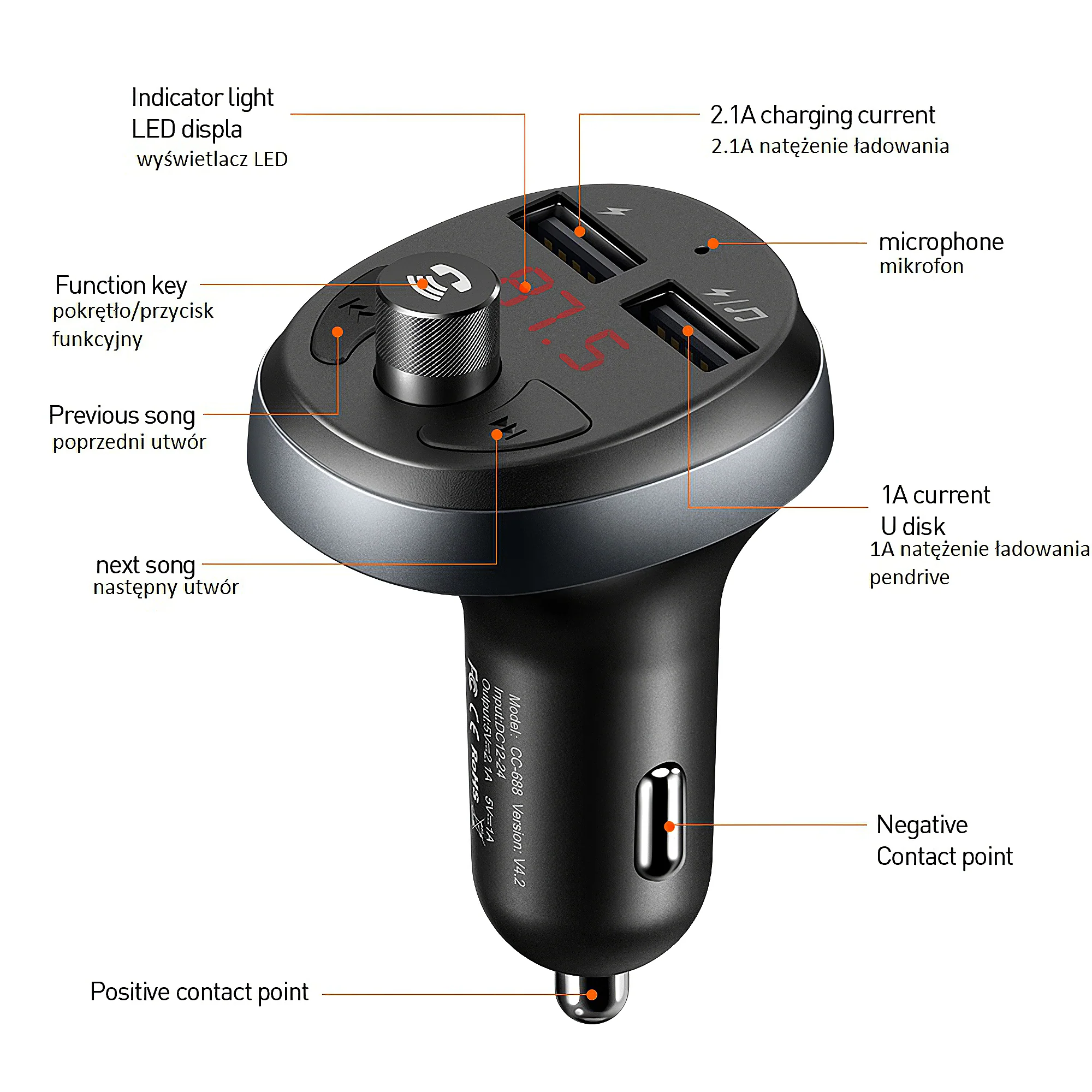 McDodo Bluetooth FM Modulator, 2 x USB-A - Image 5
