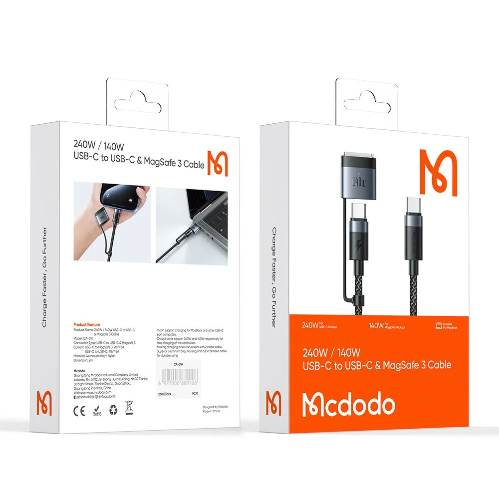 McDodo CA-0140 Charging Cable, USB-C to USB-C / MagSafe 3, 240W, 2m, Black - Image 7
