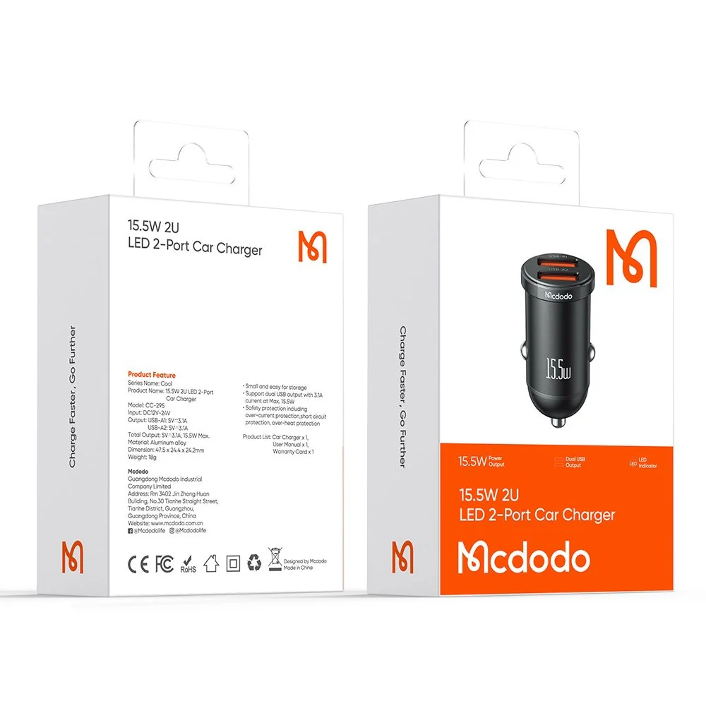 McDodo CC-2950 Cool Car Charger, 15.5W, 3.1A, 2 x USB-A, Black - Image 7