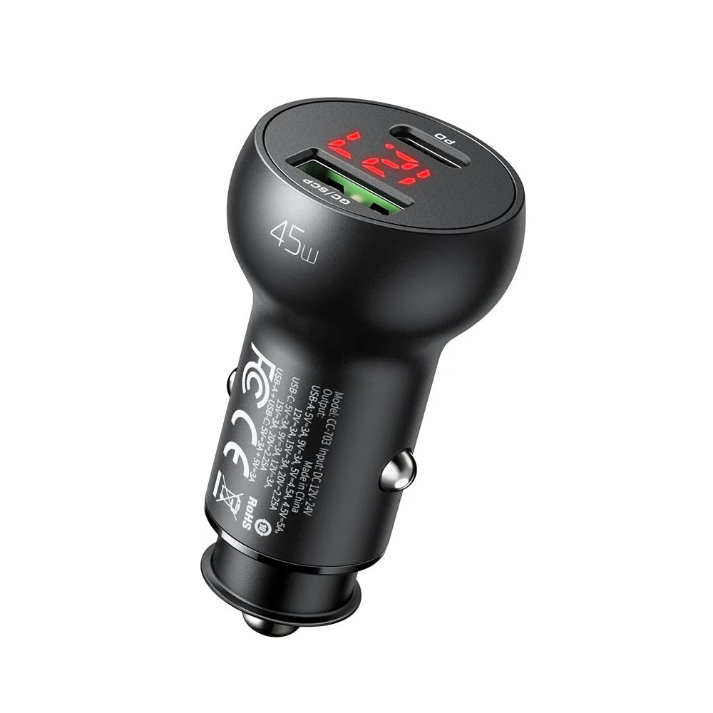 McDodo CC-7030 Auto Charger Display, 45W, 5A, 1 x USB-A - 1 x USB-C, Black