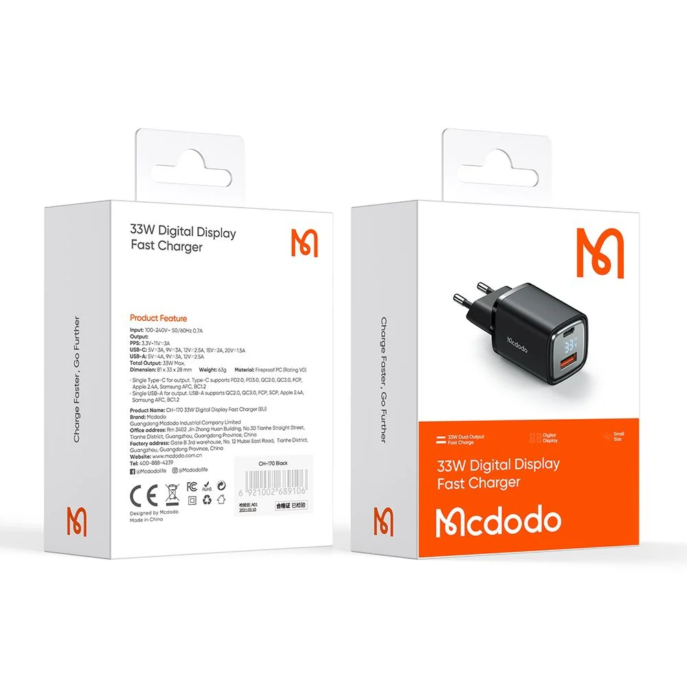 McDodo CH-1701 Graphite Display Network Charger, 33W, 3A, 1 x USB-A - 1 x USB-C, Black - Image 7