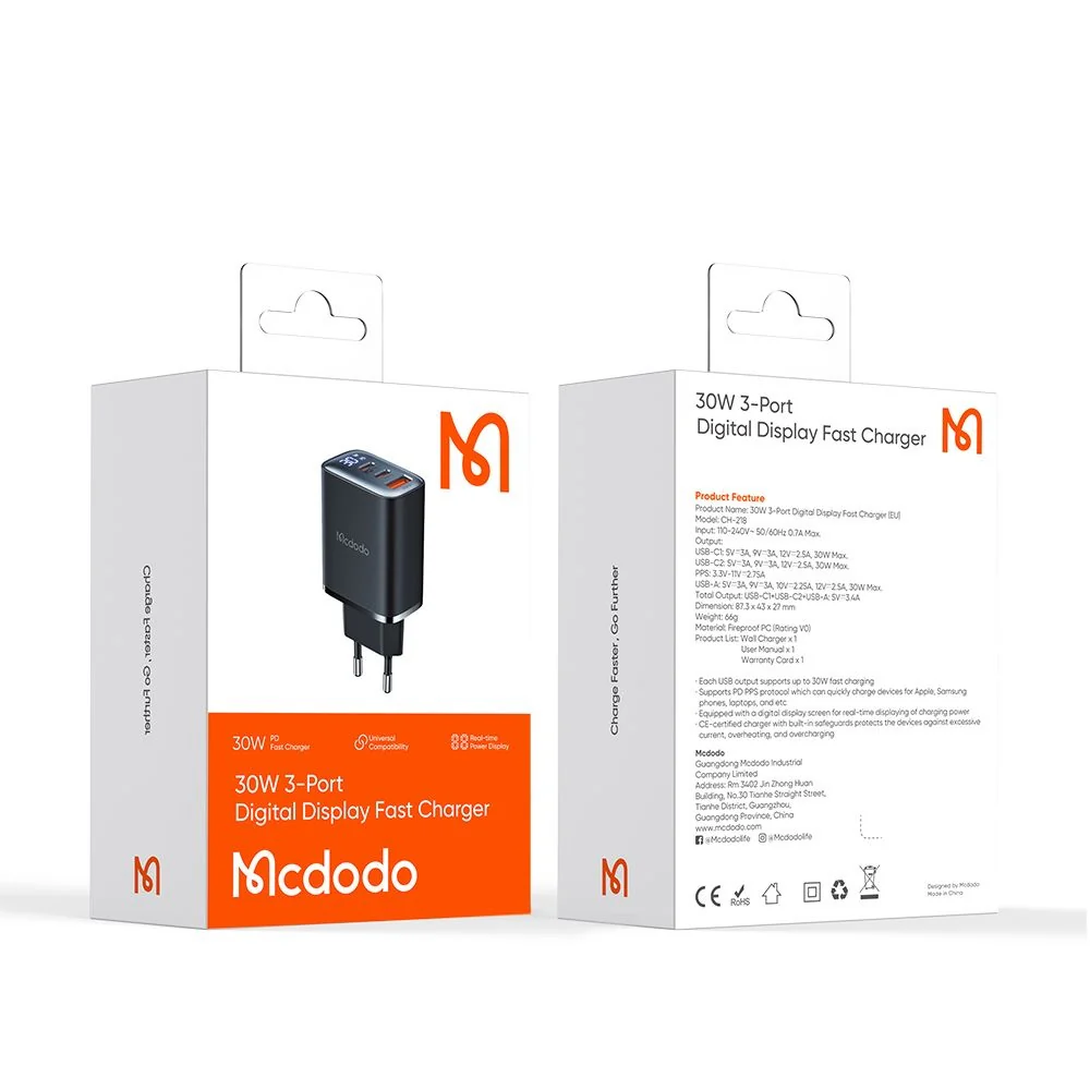 McDodo CH-2180 Network Charger Display, 30W, 3A, 1 x USB-A - 2 x USB-C, Black - Image 7