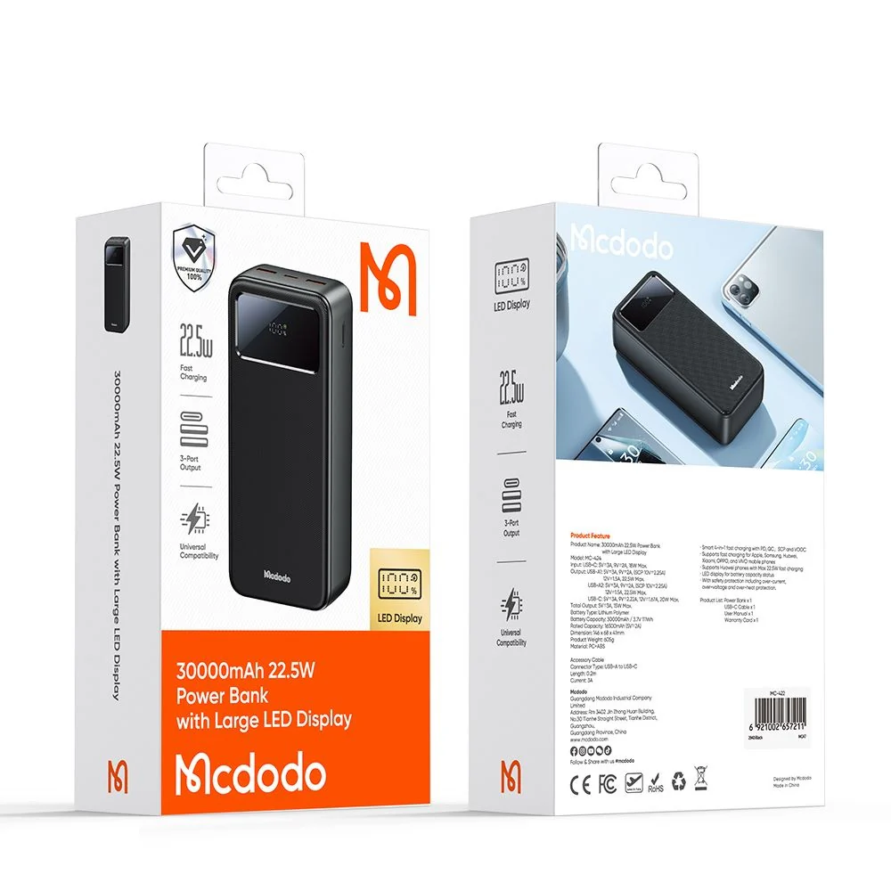 McDodo MC-4240 External Battery, 30000mAh, 22.5W, QC + PD, 2 x USB-A - 1 x USB-C, Black - Image 7