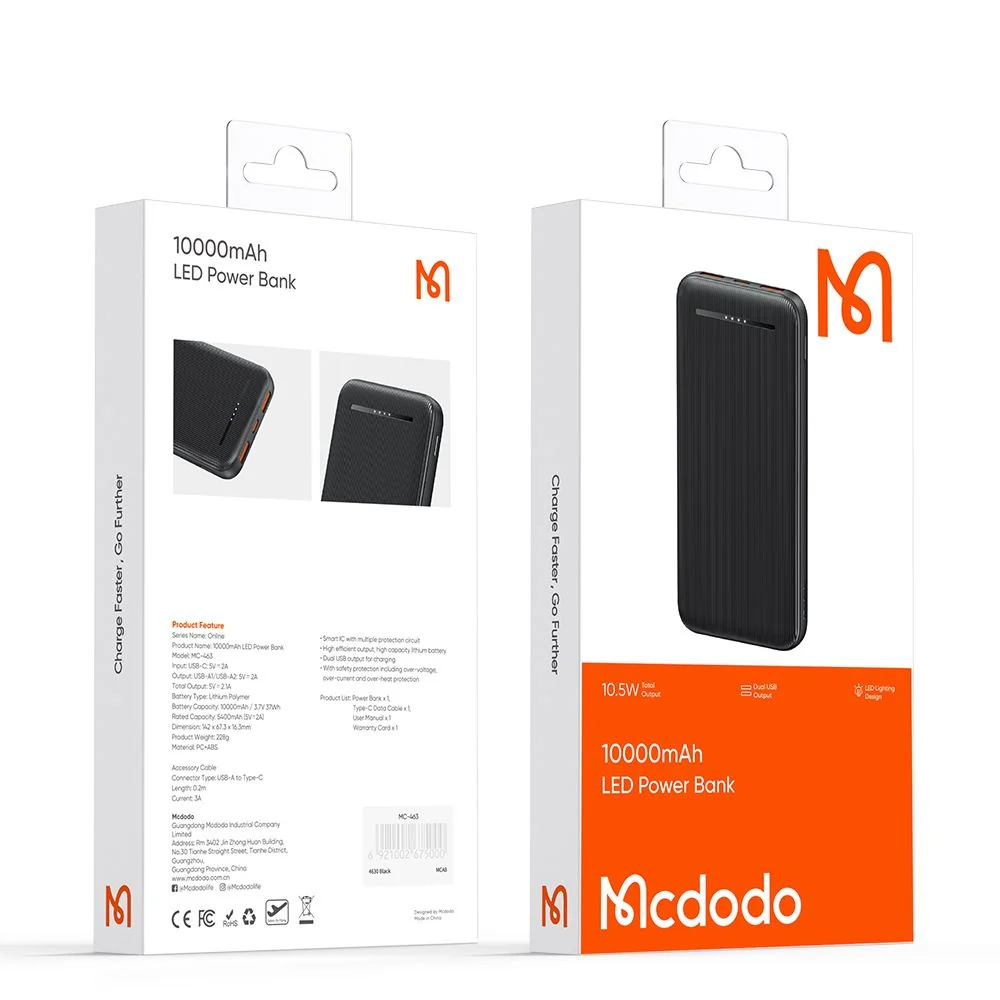 McDodo MC-4631 External Battery Online, 10000mAh, 10W, 2 x USB-A - 1 x USB-C, Black - Image 7