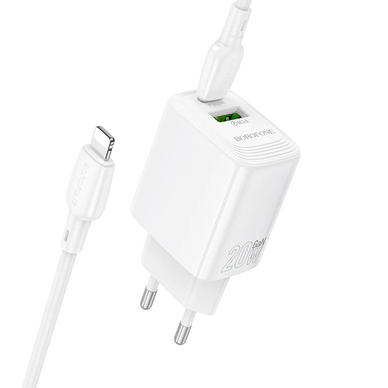 Network Charger with Lightning Cable Borofone BN27 Fuente, 20W, 3A, 1 x USB-A - 1 x USB-C, White - Image 2