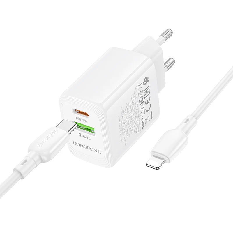 Network Charger with Lightning Cable Borofone BN27 Fuente, 20W, 3A, 1 x USB-A - 1 x USB-C, White - Image 3