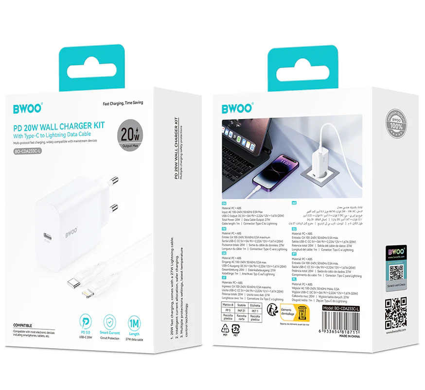 Network Charger with Lightning Cable BWOO CDA233, 20W, 3A, 1 x USB-C, White - Image 5
