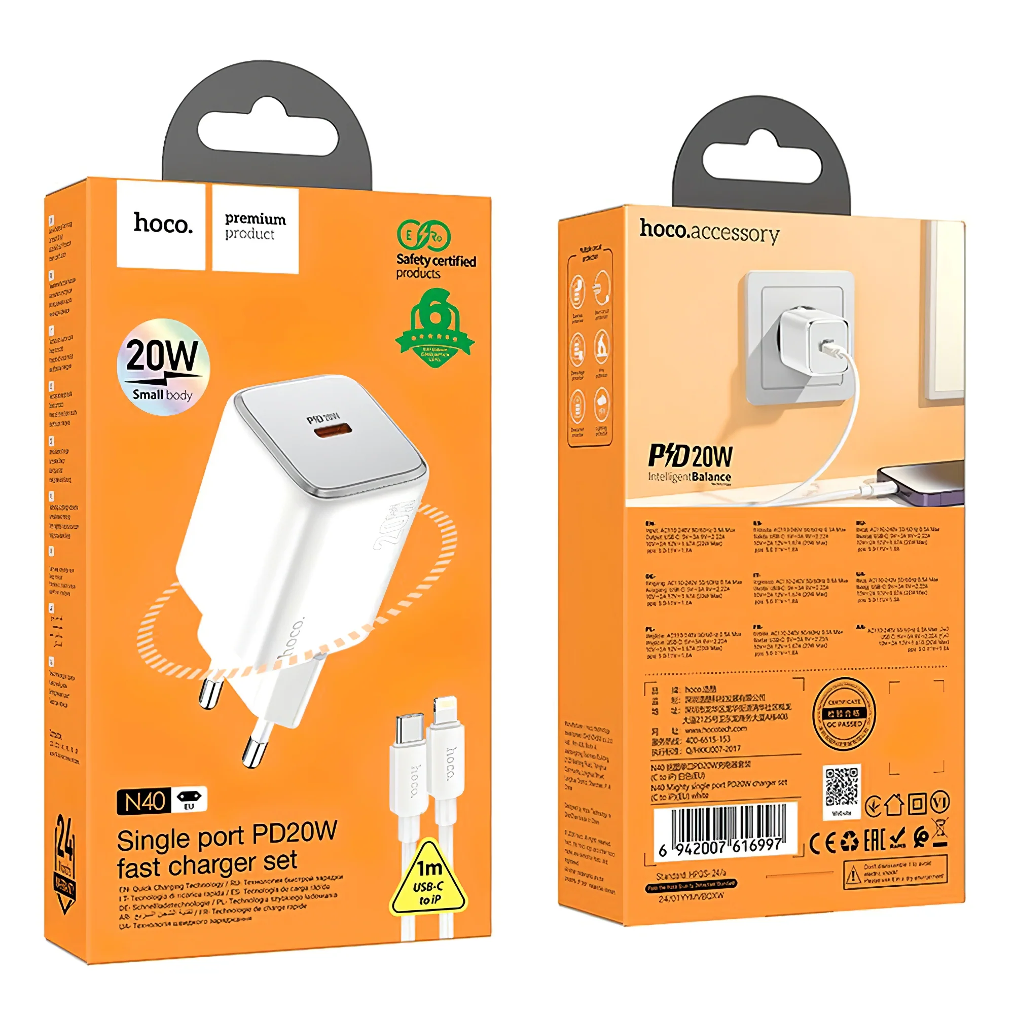 Network Charger with Lightning Cable HOCO N40, 20W, 3A, 1 x USB-C, White - Image 4