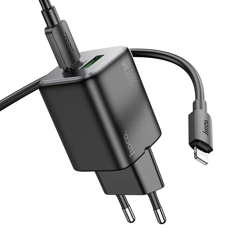 Network Charger with Lightning Cable HOCO N41, 20W, 3A, 1 x USB-A - 1 x USB-C, Black - Image 3