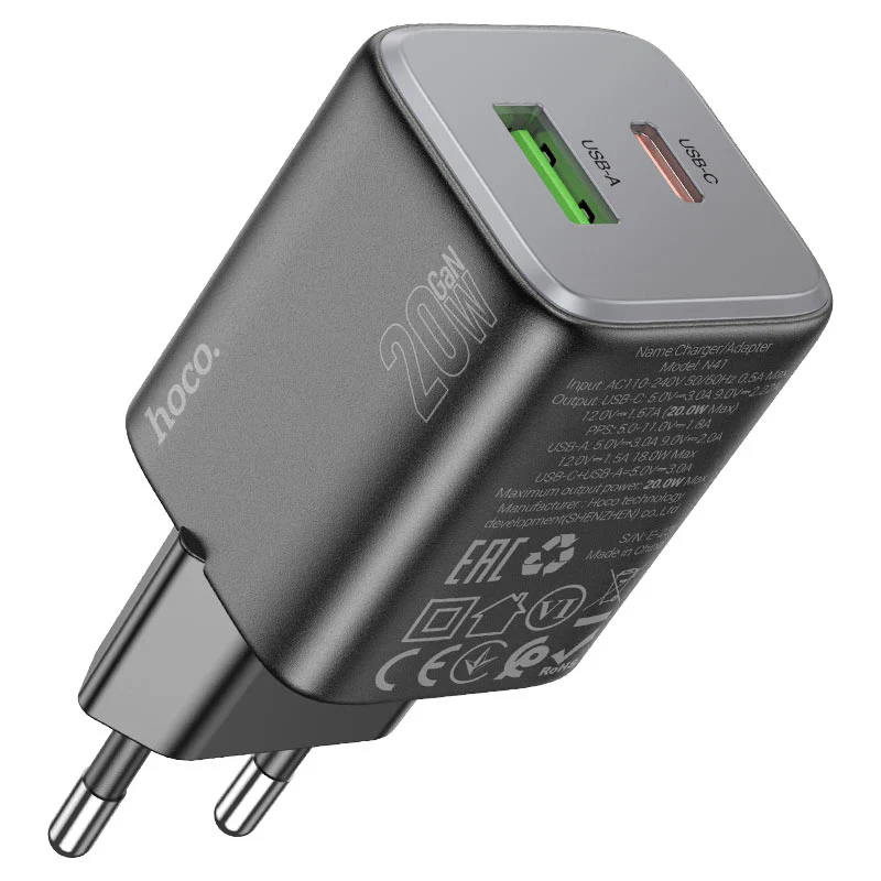 Network Charger with Lightning Cable HOCO N41, 20W, 3A, 1 x USB-A - 1 x USB-C, Black - Image 6