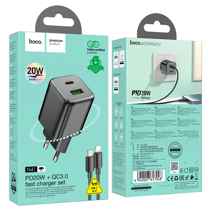 Network Charger with Lightning Cable HOCO N41, 20W, 3A, 1 x USB-A - 1 x USB-C, Black - Image 7