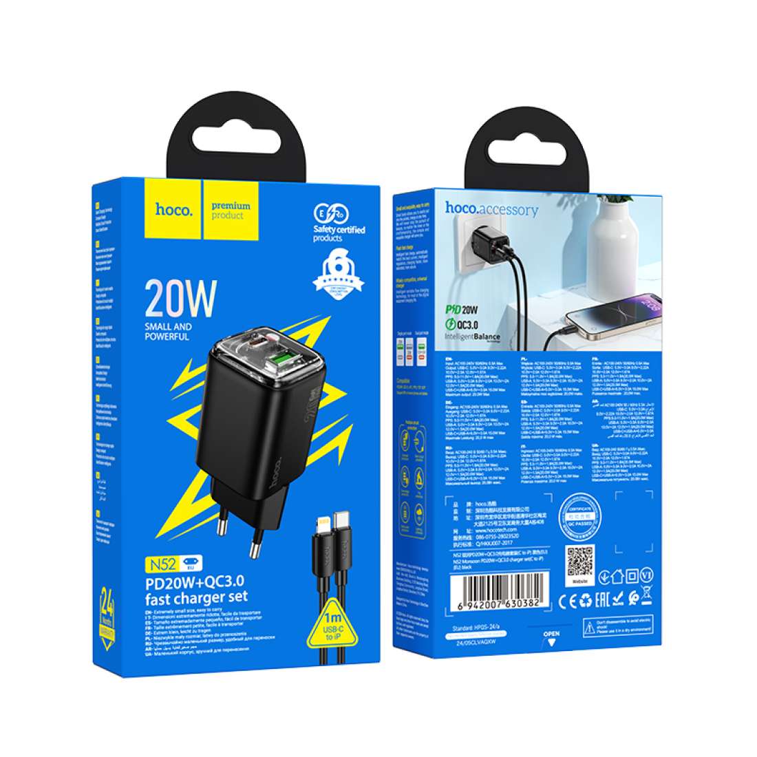 Network Charger with Lightning Cable HOCO N52, 20W, 3A, 1 x USB-A - 1 x USB-C, Black - Image 3