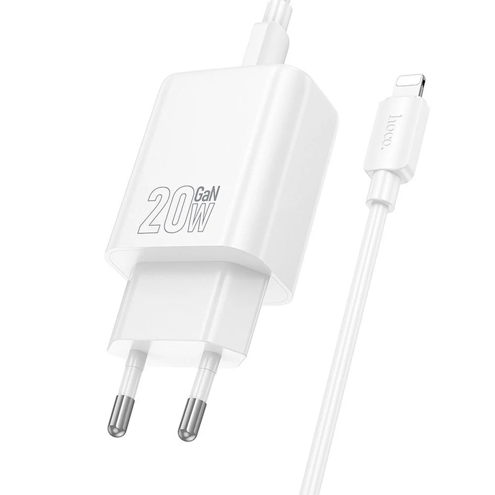 Network Charger with Lightning Cable HOCO N61, 20W, 3A, 1 x USB-A - 1 x USB-C, White - Image 3
