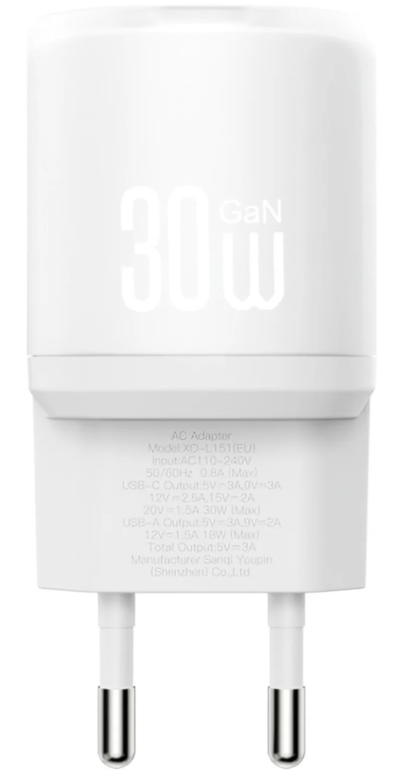 Network Charger with Lightning Cable XO Design L151, 30W, 3A, 1 x USB-A - 1 x USB-C, White - Image 3