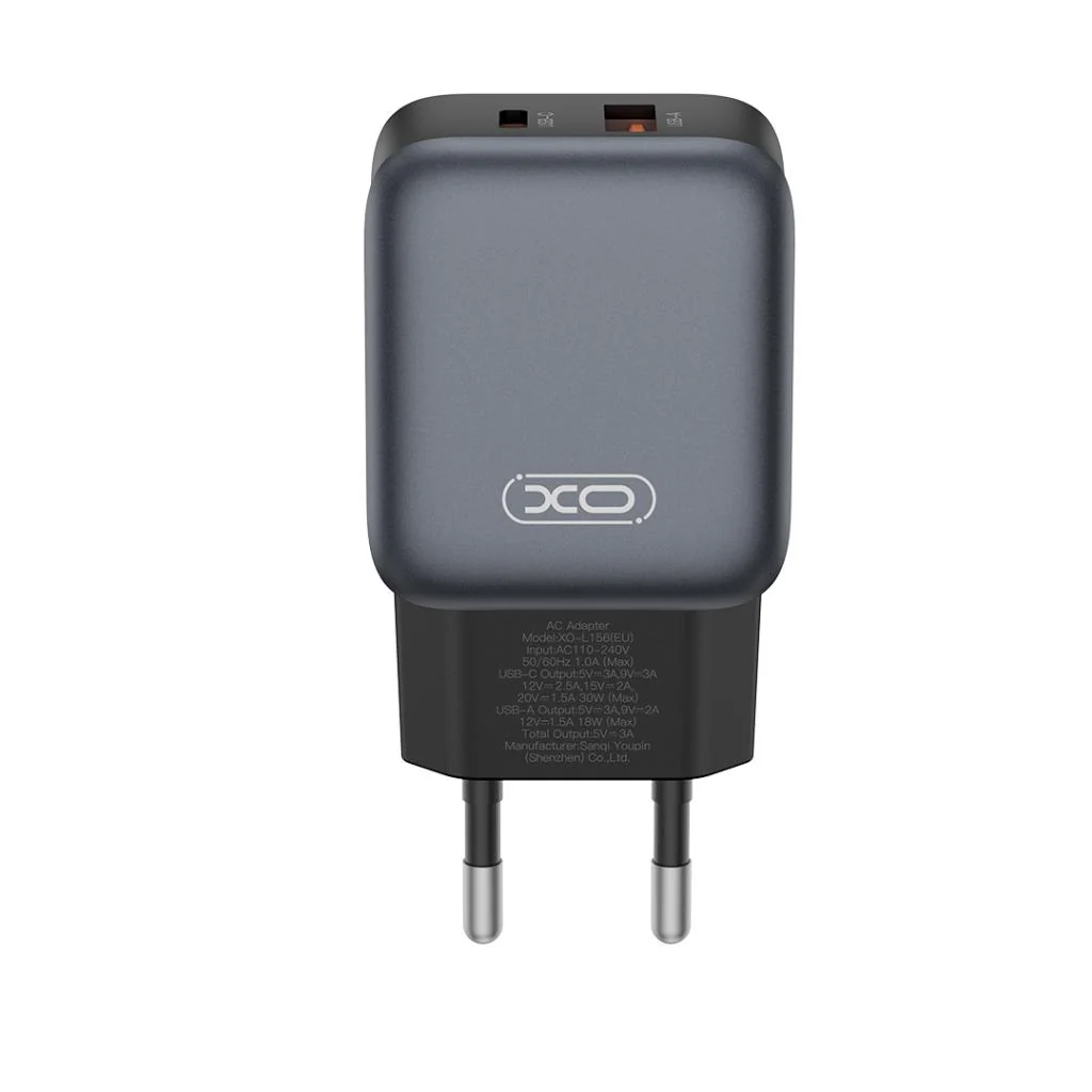 Network Charger with Lightning Cable XO Design L156, 30W, 3A, 1 x USB-A - 1 x USB-C, Black - Image 2
