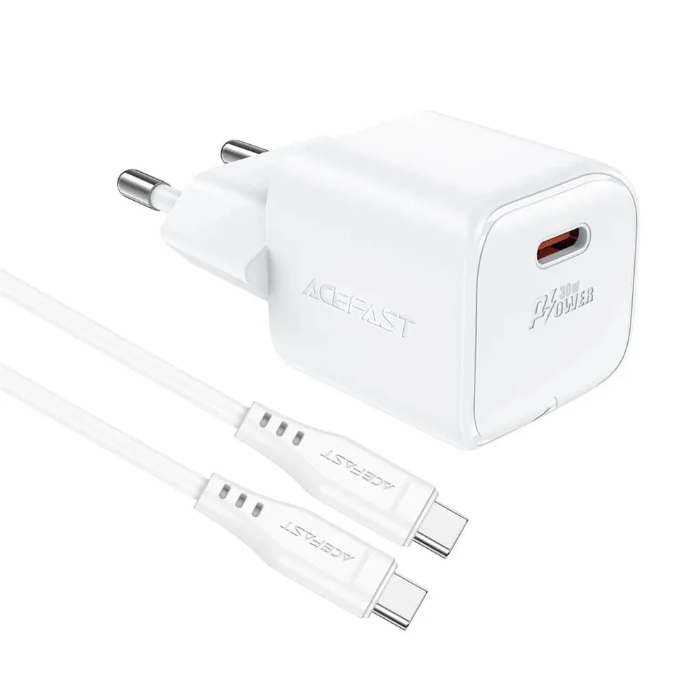 Network Charger with USB-C Cable Acefast A77, 30W, 3A, 1 x USB-C, White - Image 2