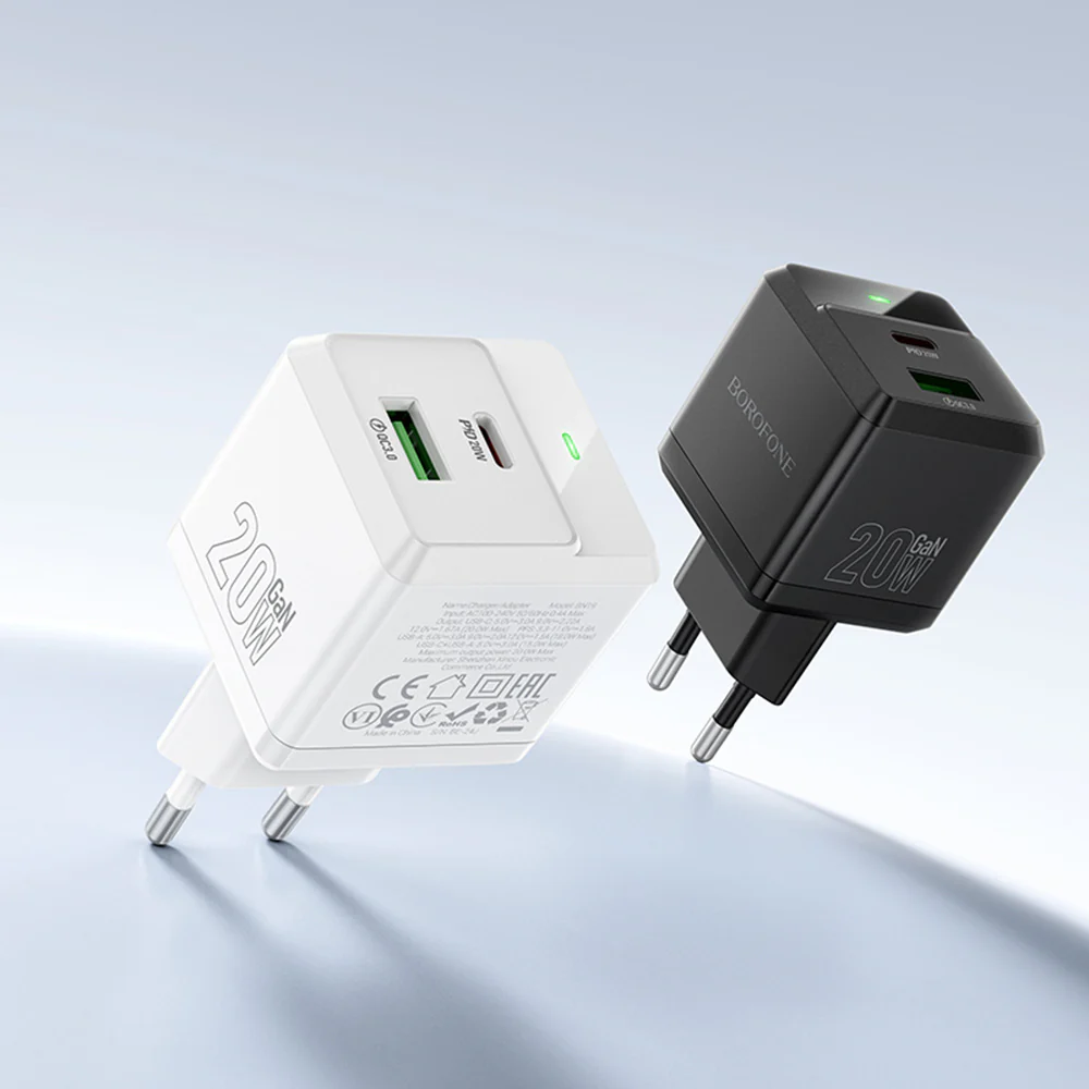 Network Charger with USB-C Cable Borofone BN19 Intenso, 20W, 3A, 1 x USB-A - 1 x USB-C, White - Image 4
