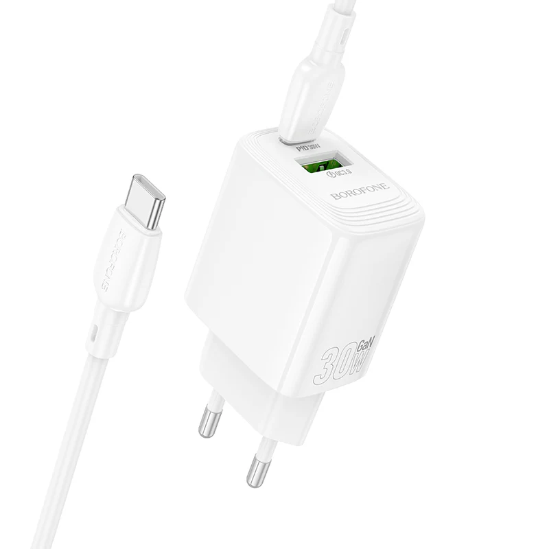 Network Charger with USB-C Cable Borofone BN29 Fuente, 30W, 3A, 1 x USB-A - 1 x USB-C, White - Image 2