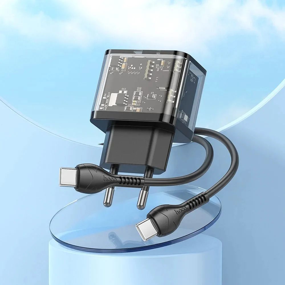 Network Charger with USB-C Cable HOCO N34, 20W, 3A, 1 x USB-A - 1 x USB-C, Transparent - Image 7