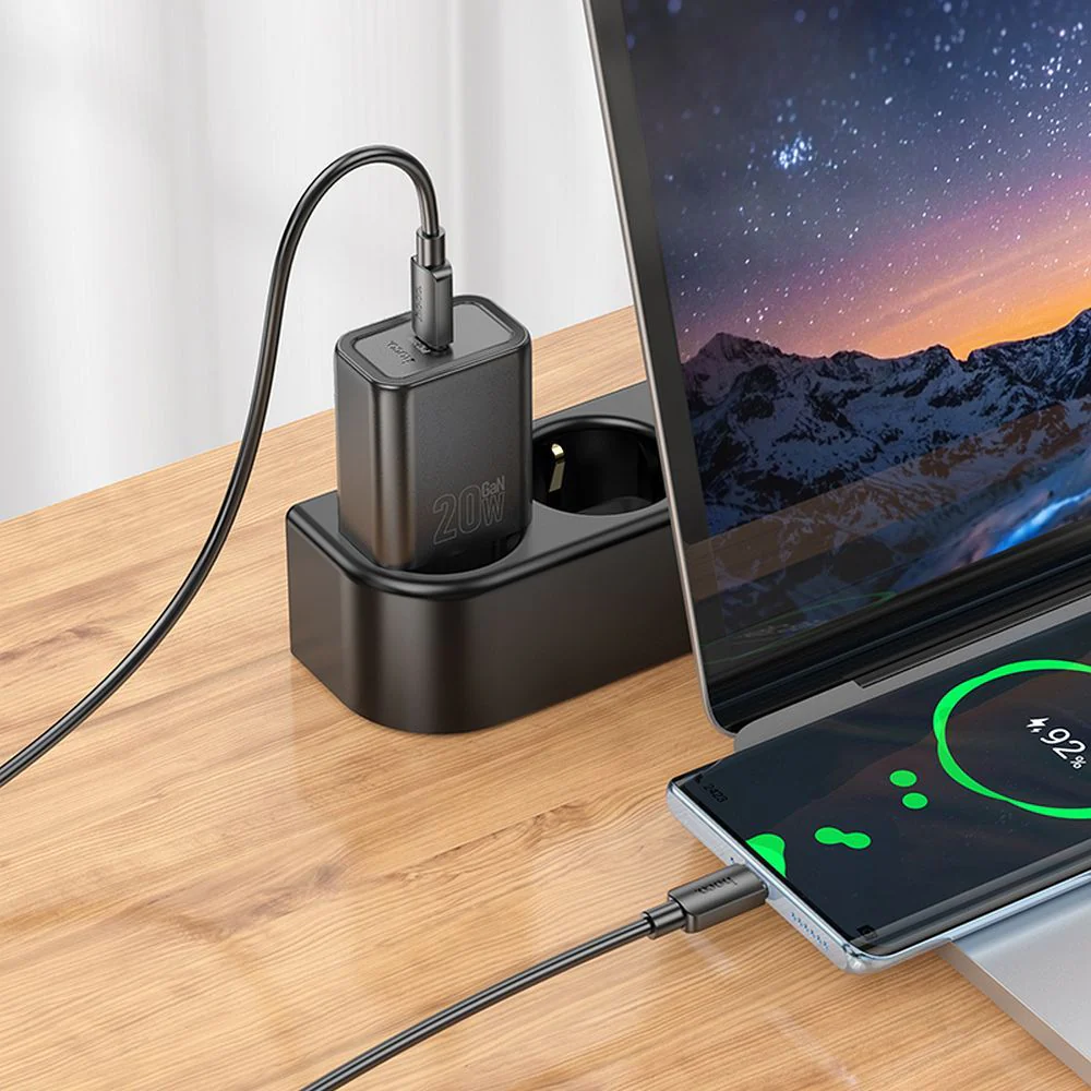 Network Charger with USB-C Cable HOCO N60, 20W, 3A, 1 x USB-C, Black - Image 3