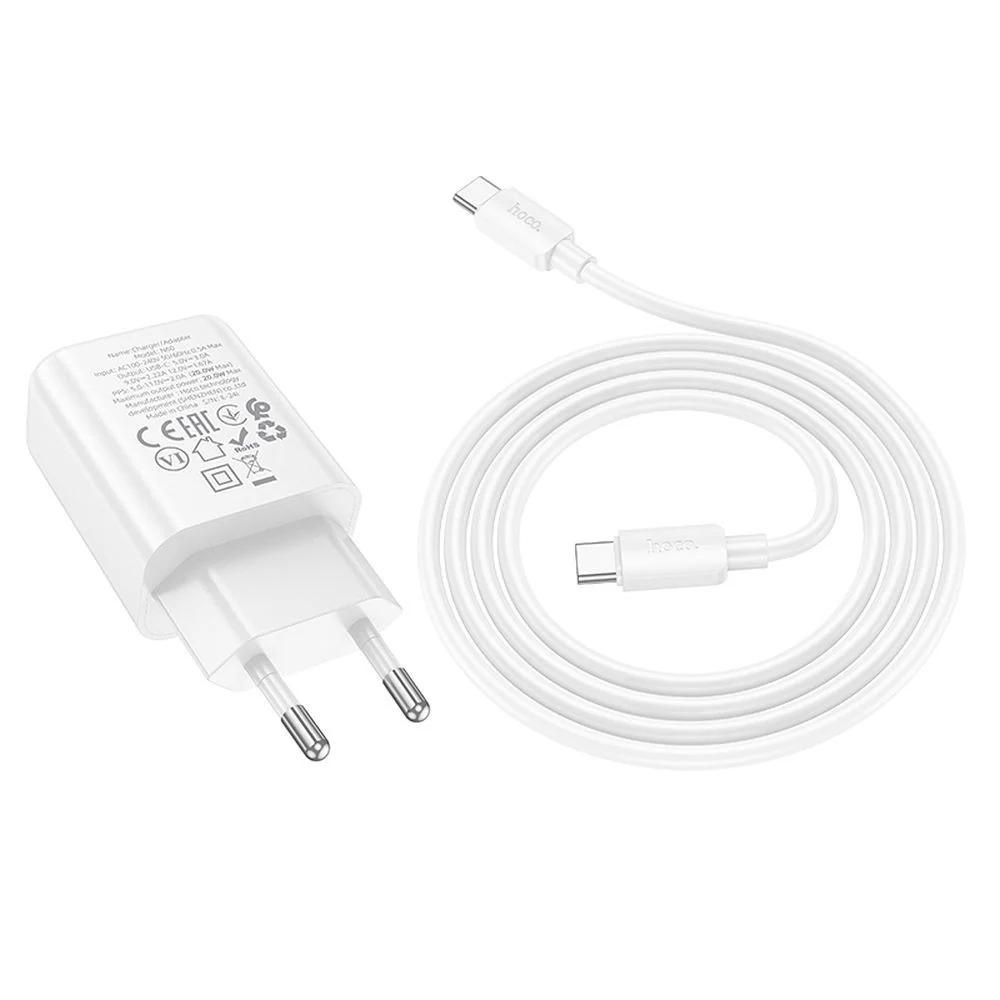 Network Charger with USB-C Cable HOCO N60, 20W, 3A, 1 x USB-C, White - Image 3