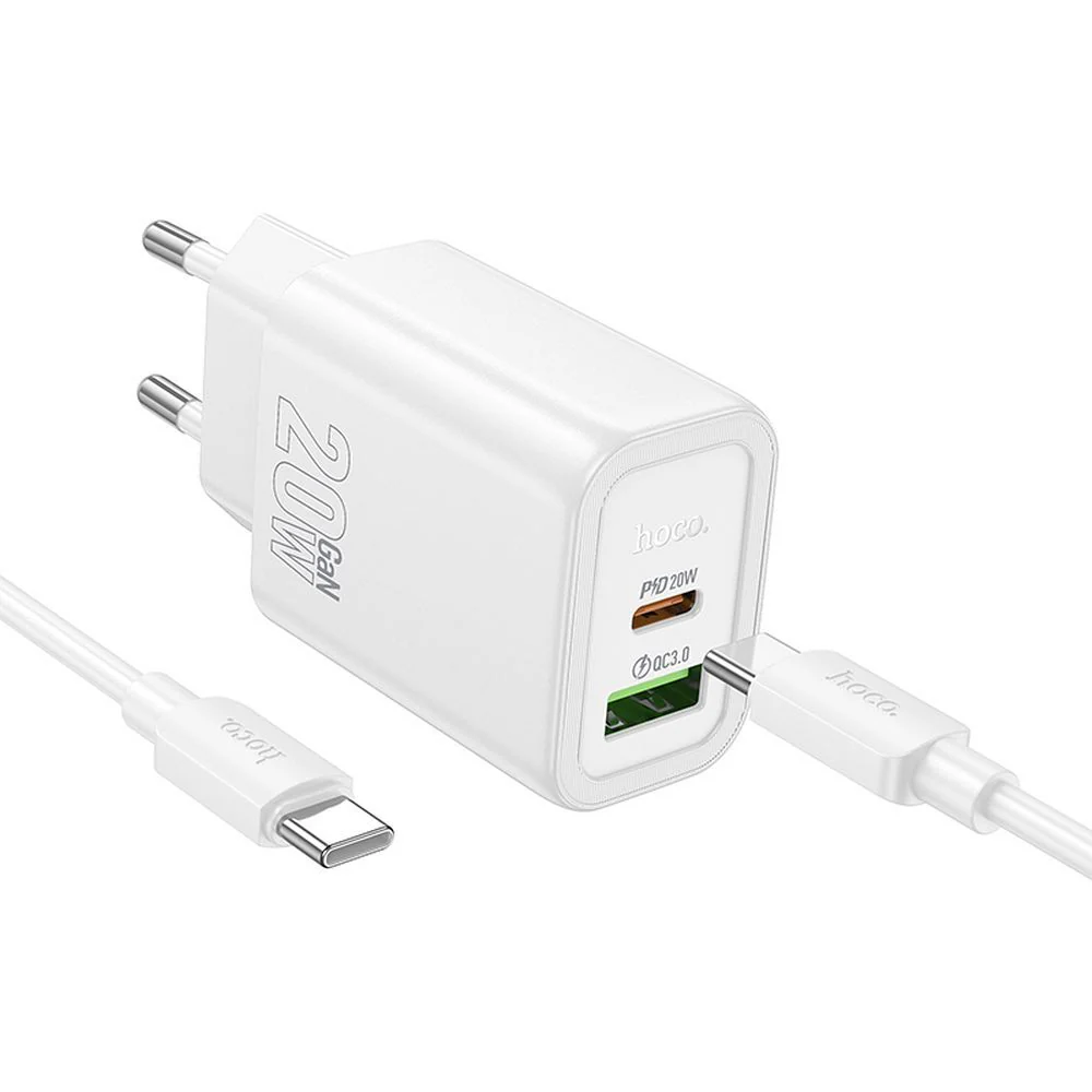 Network Charger with USB-C Cable HOCO N61, 20W, 3A, 1 x USB-A - 1 x USB-C, White