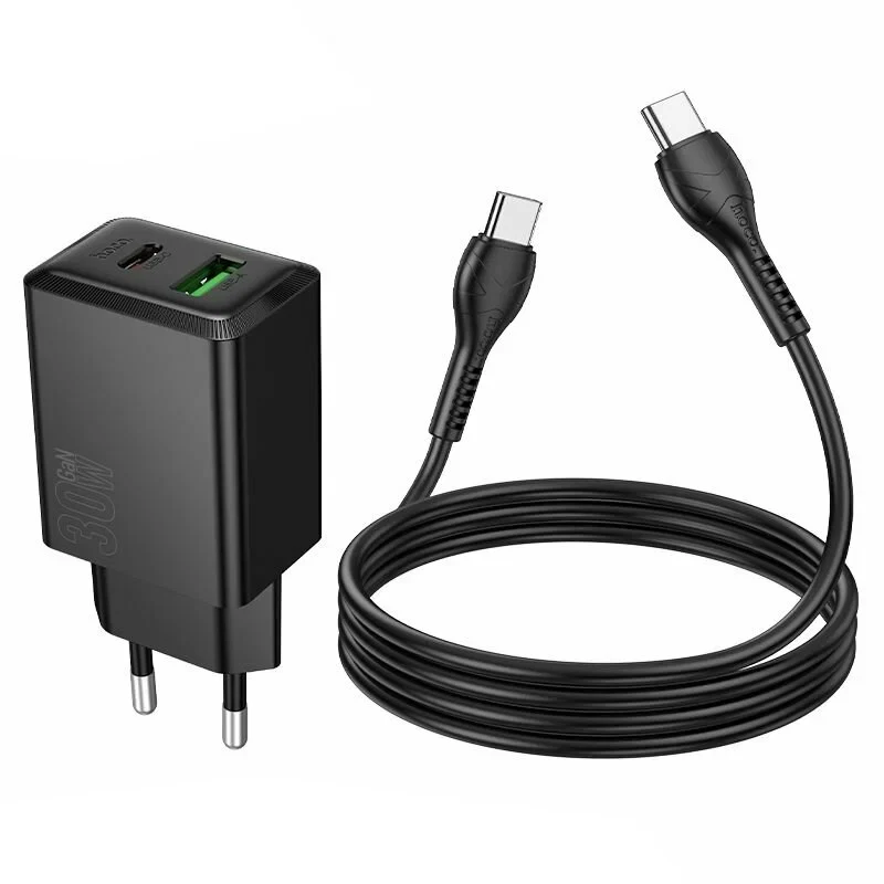 Network Charger with USB-C Cable HOCO N71, 30W, 3A, 1 x USB-A - 1 x USB-C, Black - Image 3