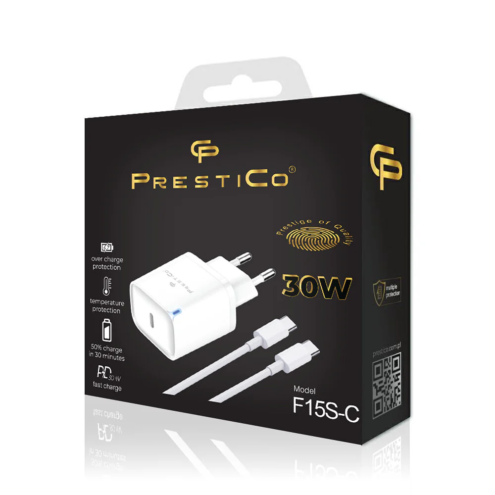 Network Charger with USB-C Cable Prestico F15S-C, 30W, 3A, 1 x USB-C, White - Image 4