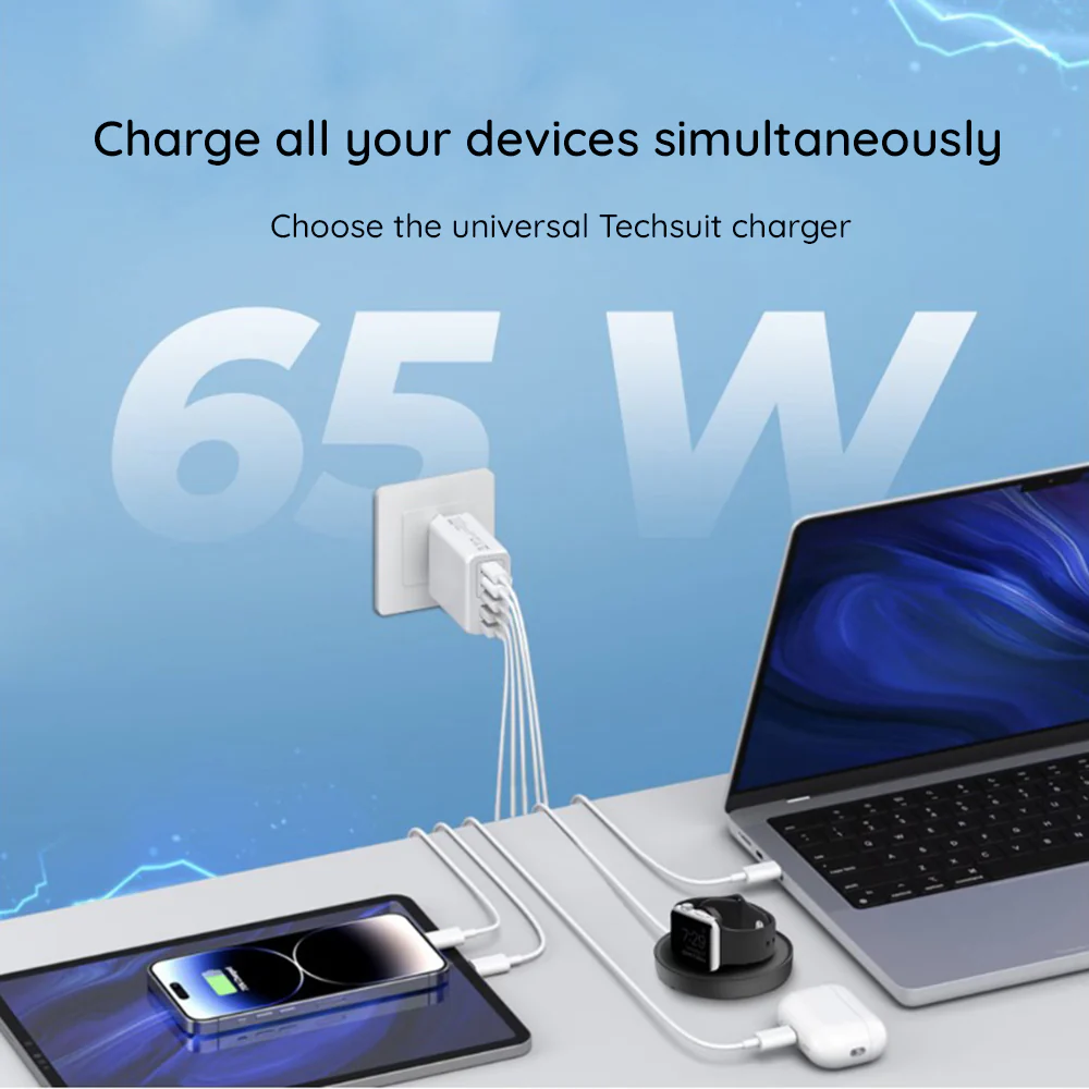 Network Charger with USB-C Cable Techsuit CHC2 PentaXPower, 20W, 3A, 3 x USB-A - 2 x USB-C, White - Image 5