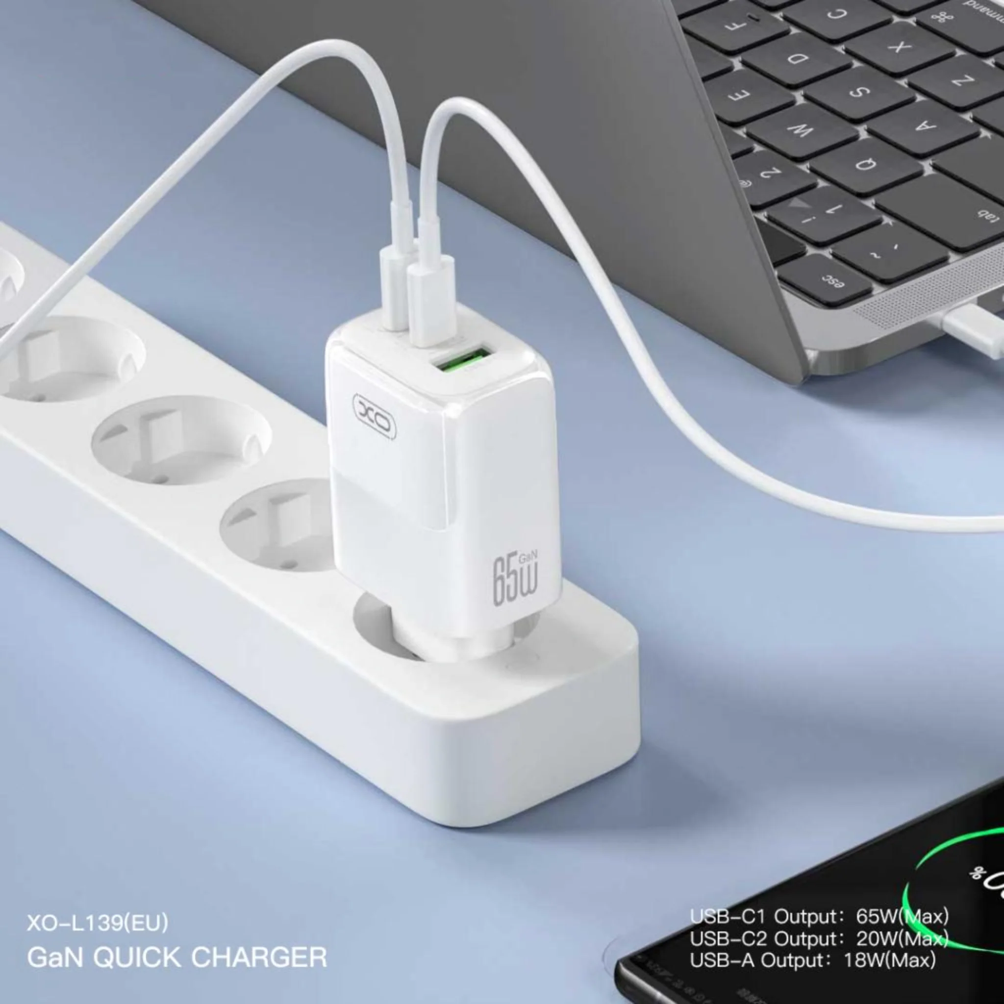 Network Charger with USB-C Cable XO Design L139, 65W, 4.5A, 1 x USB-A - 2 x USB-C, White - Image 3