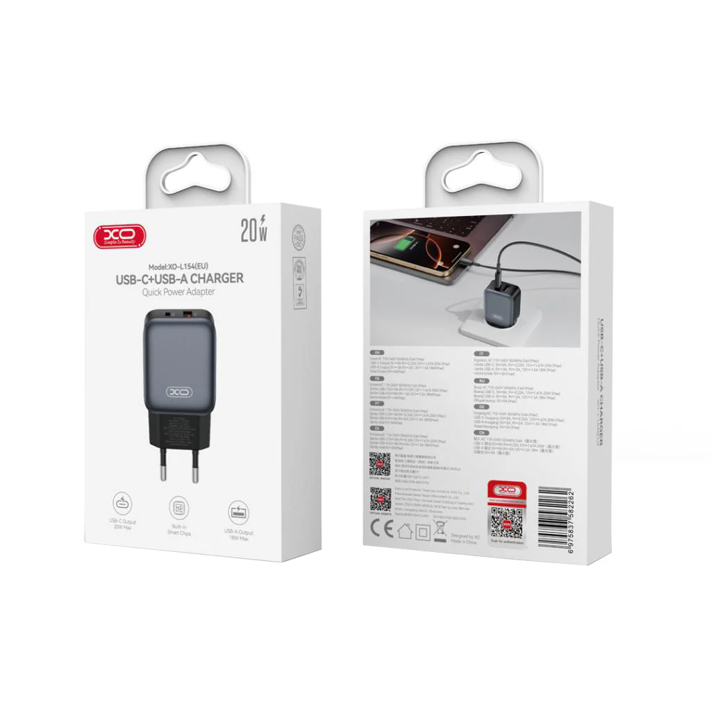 Network Charger with USB-C Cable XO Design L154, 20W, 3A, 1 x USB-A - 1 x USB-C, Black - Image 7