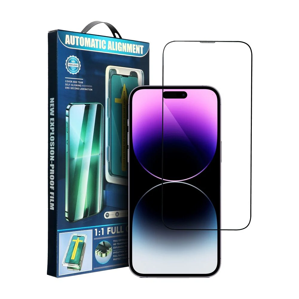 OEM Screen Protector Automatic Alignment for Apple iPhone 14 Plus / 13 Pro Max, Tempered Glass, Full Glue, 5D, Black