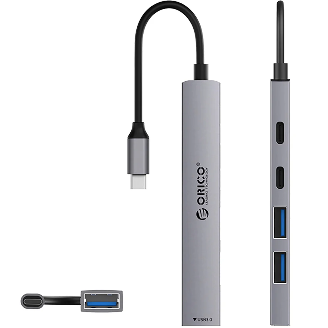 Orico YSB4-U2 USB-C Hub, 1 x USB-A 3.0 - 2 x USB-A - 2 x USB-C, Gray - Image 2