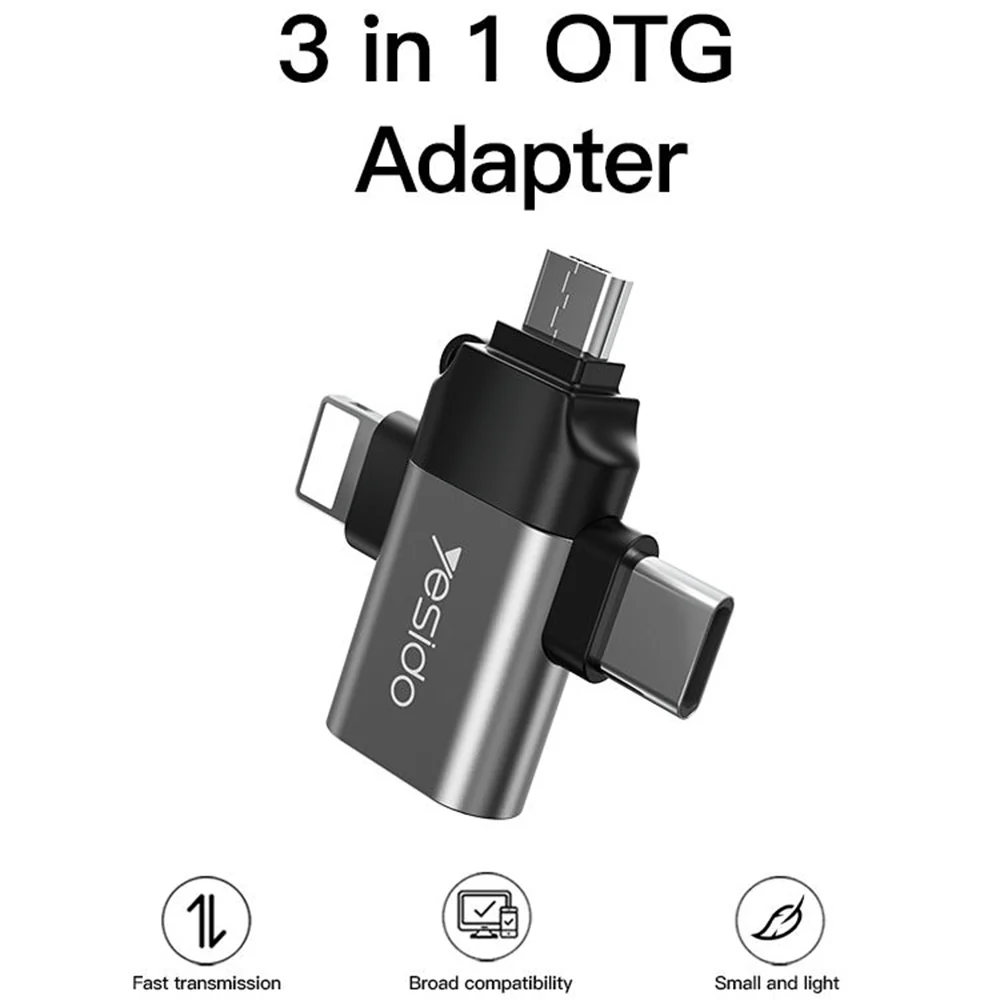 OTG Adapter Lightning / microUSB / USB-C - USB-A Yesido GS15, Black - Image 3