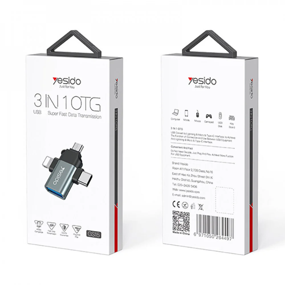 OTG Adapter Lightning / microUSB / USB-C - USB-A Yesido GS15, Black - Image 4