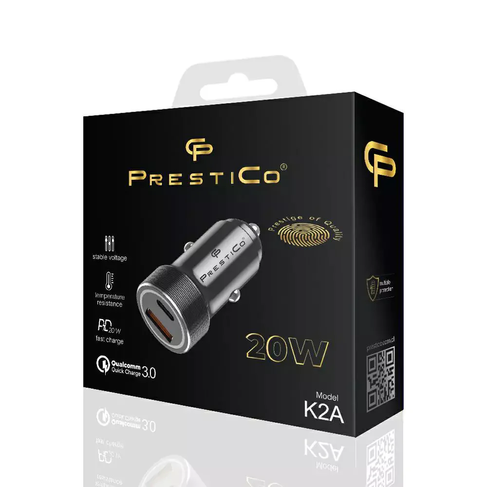 Prestico K2A Car Charger, 20W, 3A, 1 x USB-A - 1 x USB-C, Black - Image 4
