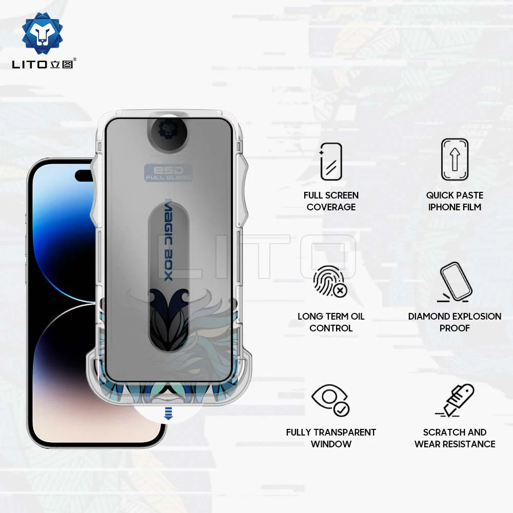 Privacy Screen Protector Lito Magic Glass Box D+ Tools for Apple iPhone 14 Pro, Tempered Glass, Full Glue - Image 5