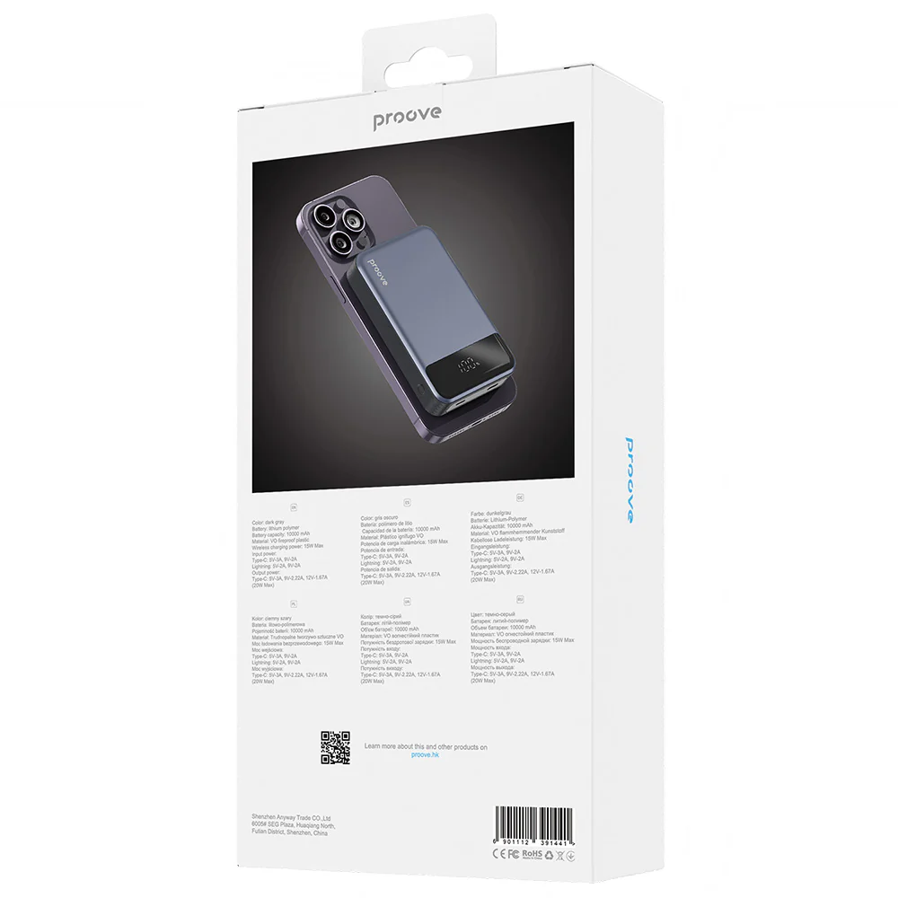 Proove Hoodman Wireless External Battery, 10000mAh, 20W, PD + FQI, 1 x QI - 1 x USB-C, Gray PBH120010003 - Image 7