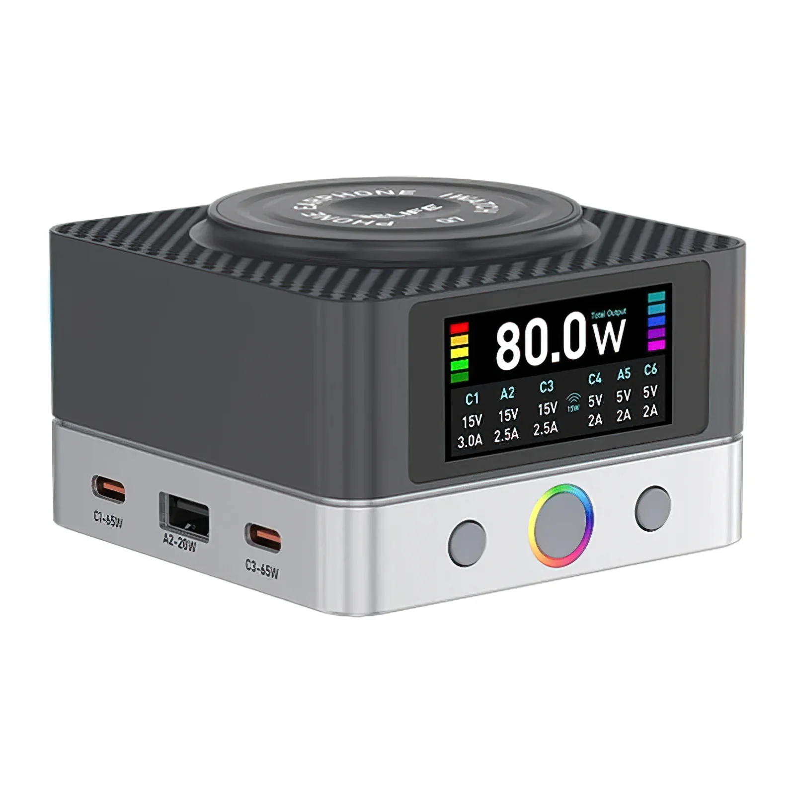 Relife Q7 QI Charging Station, 80W, 3.25A, 2 x USB-A - 4 x USB-C, Gray