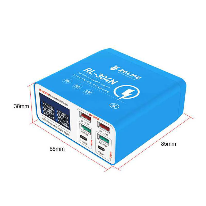 Relife RL-304N Charging Station, 87W, 3A, 2 x USB-C - 4 x USB-A, Blue - Image 2