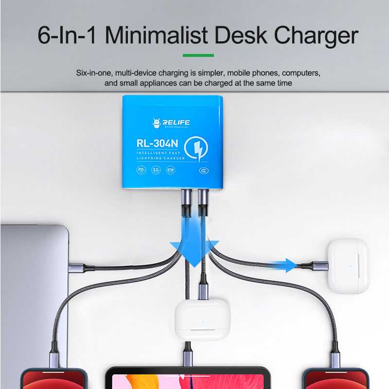 Relife RL-304N Charging Station, 87W, 3A, 2 x USB-C - 4 x USB-A, Blue - Image 5