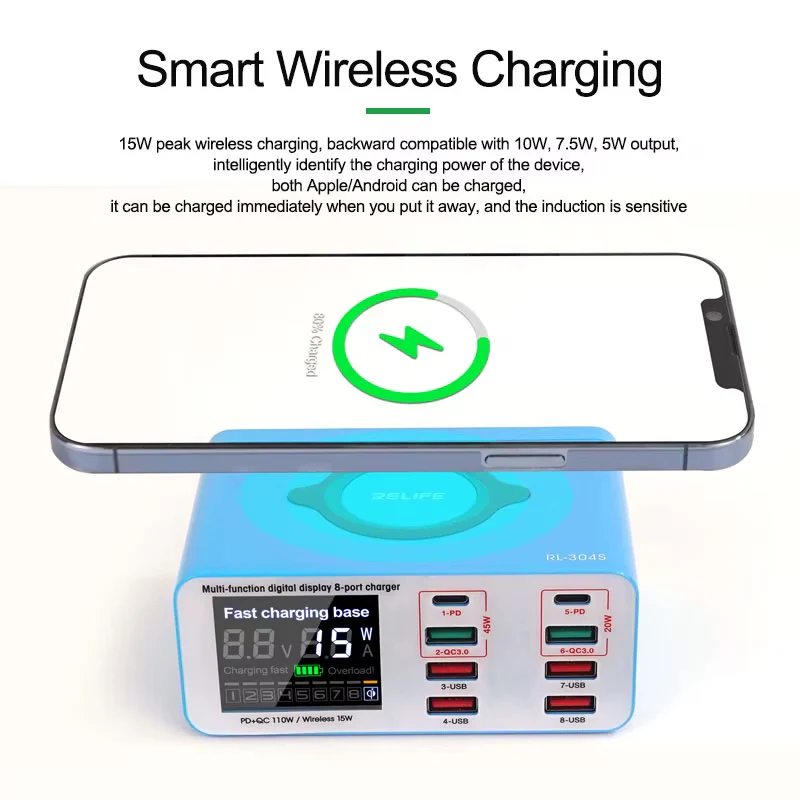 Relife RL-304S QI Charging Station, 110W, 3A, 2 x USB-C - 6 x USB-A, Blue - Image 4