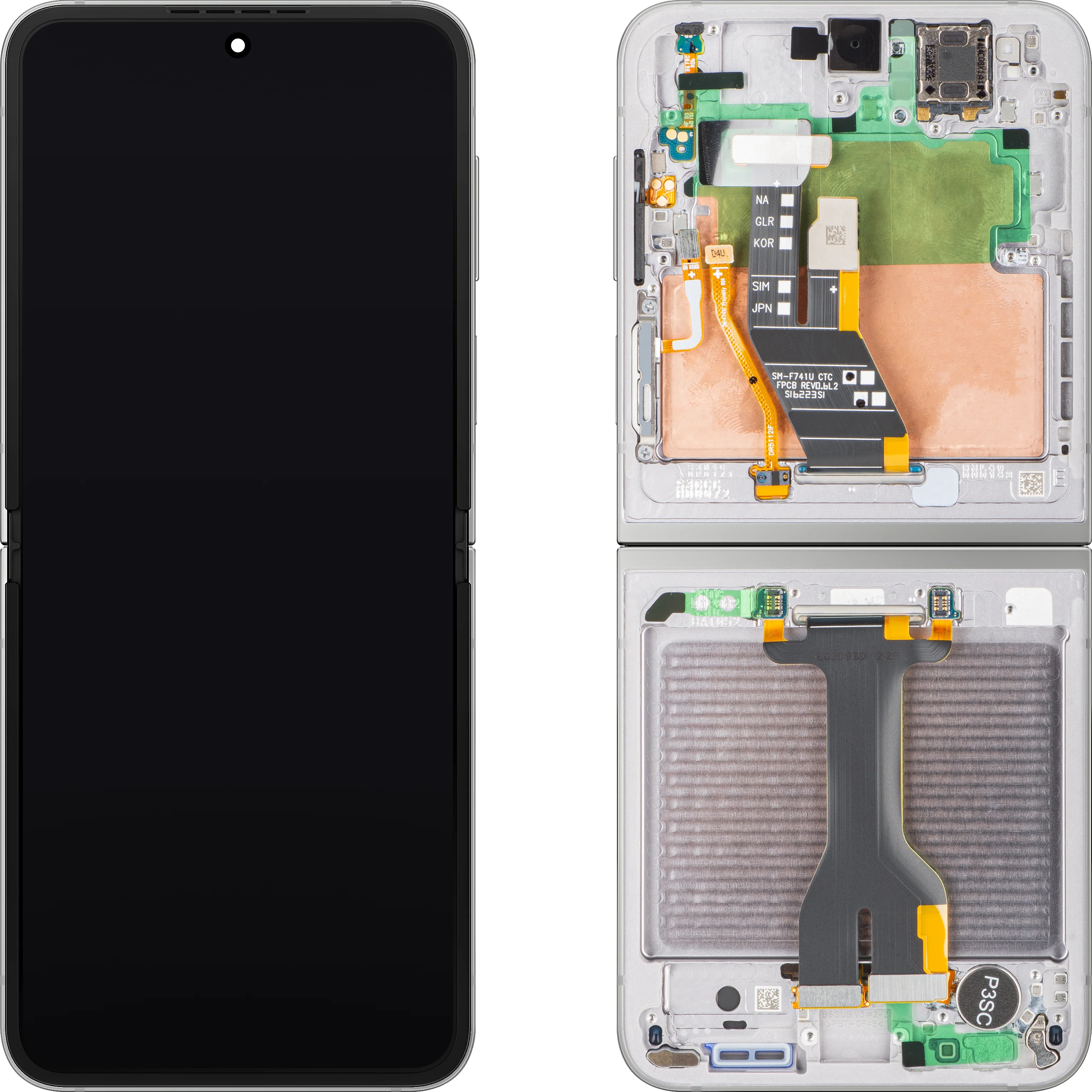 Samsung Galaxy Z Flip6 F741 Display with Touchscreen, Frame, Under Inner, Silver (Silver Shadow), Service Pack GH82-35013A