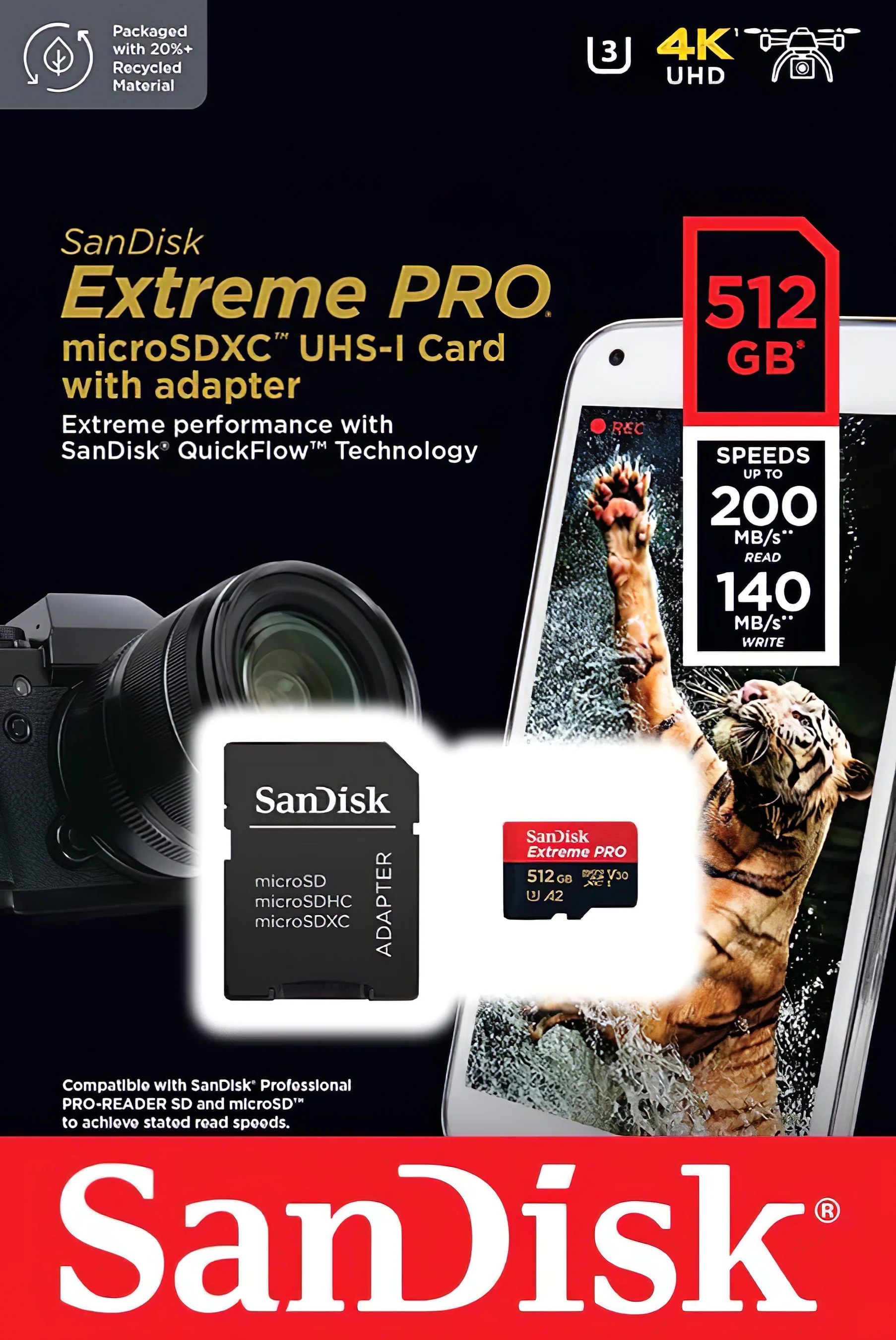 SanDisk Extreme Pro microSDXC Memory Card, 512Gb, Class 10 / UHS-1 U3, With Adapter SDSQXCD-512G-GN6MA - Image 4