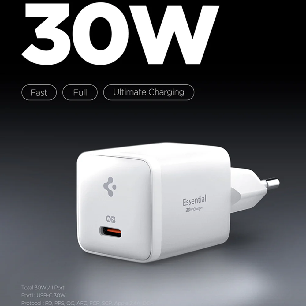 Spigen EE301EU Essential Network Charger, 30W, 3A, 1 x USB-C, White ACH09492 - Image 2