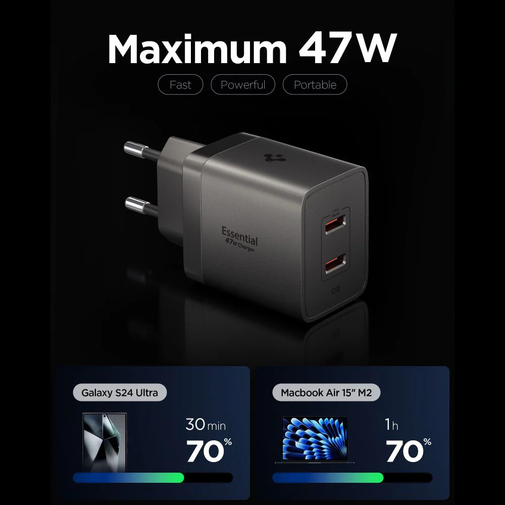 Spigen EE472EU Essential Wall Charger, 47W, 3A, 2 x USB-C, Gray ACH10450 - Image 2