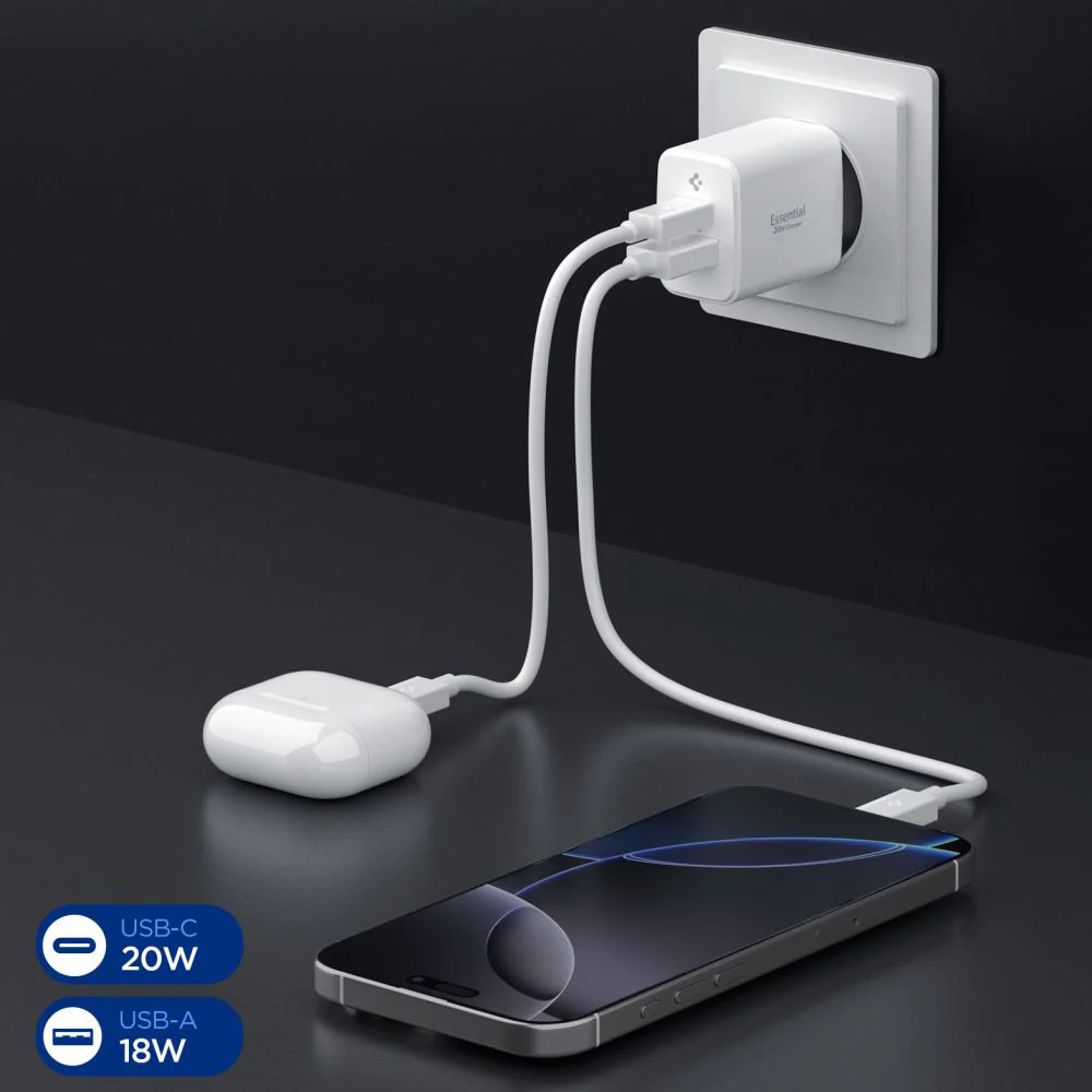 Spigen Essential Network Charger, 20W, 3A, 1 x USB-A - 1 x USB-C, White ACH08704 - Image 6