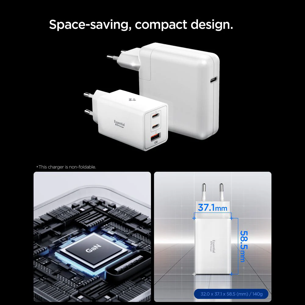 Spigen Essential Network Charger, 67W, 3.25A, 1 x USB-A - 2 x USB-C, White ACH08710 - Image 3