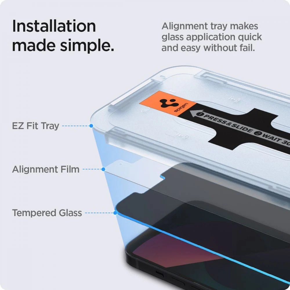 Spigen GlastR EZ FIT Privacy Screen Protector for Apple iPhone 17e / 16e / 14 / 13 Pro, Tempered Glass, Full Glue, Set of 2 pieces AGL03388 - Image 3