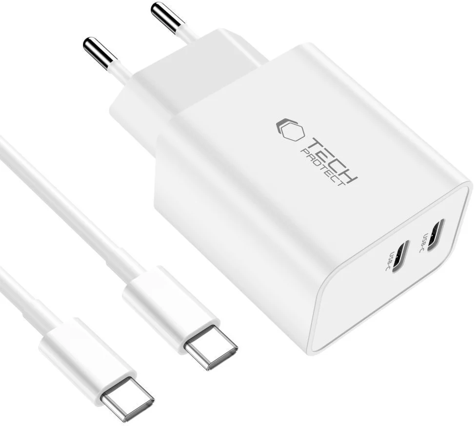 Tech-Protect C35W USB-C Cable Wall Charger, 35W, 3A, 2 x USB-C, White - Image 2